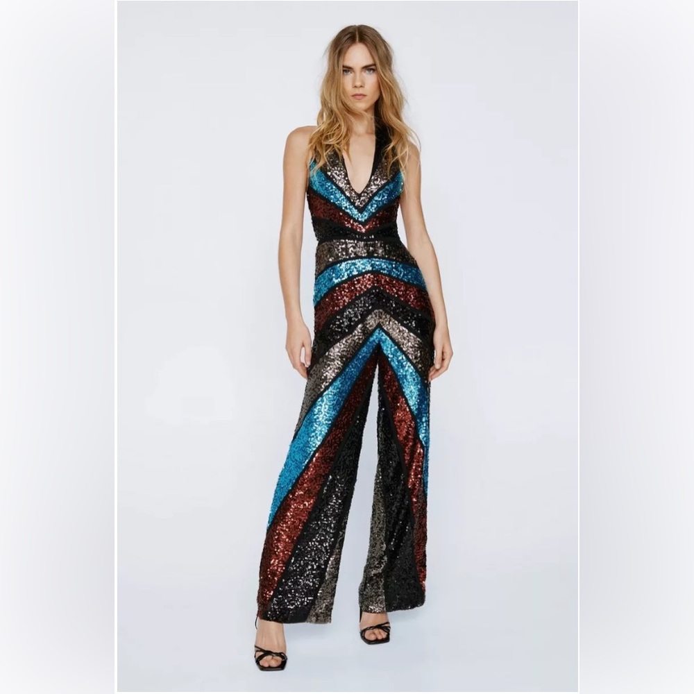NASTY GAL Sequin Contrast Halterneck Jumpsuit US size 6 Euro 10